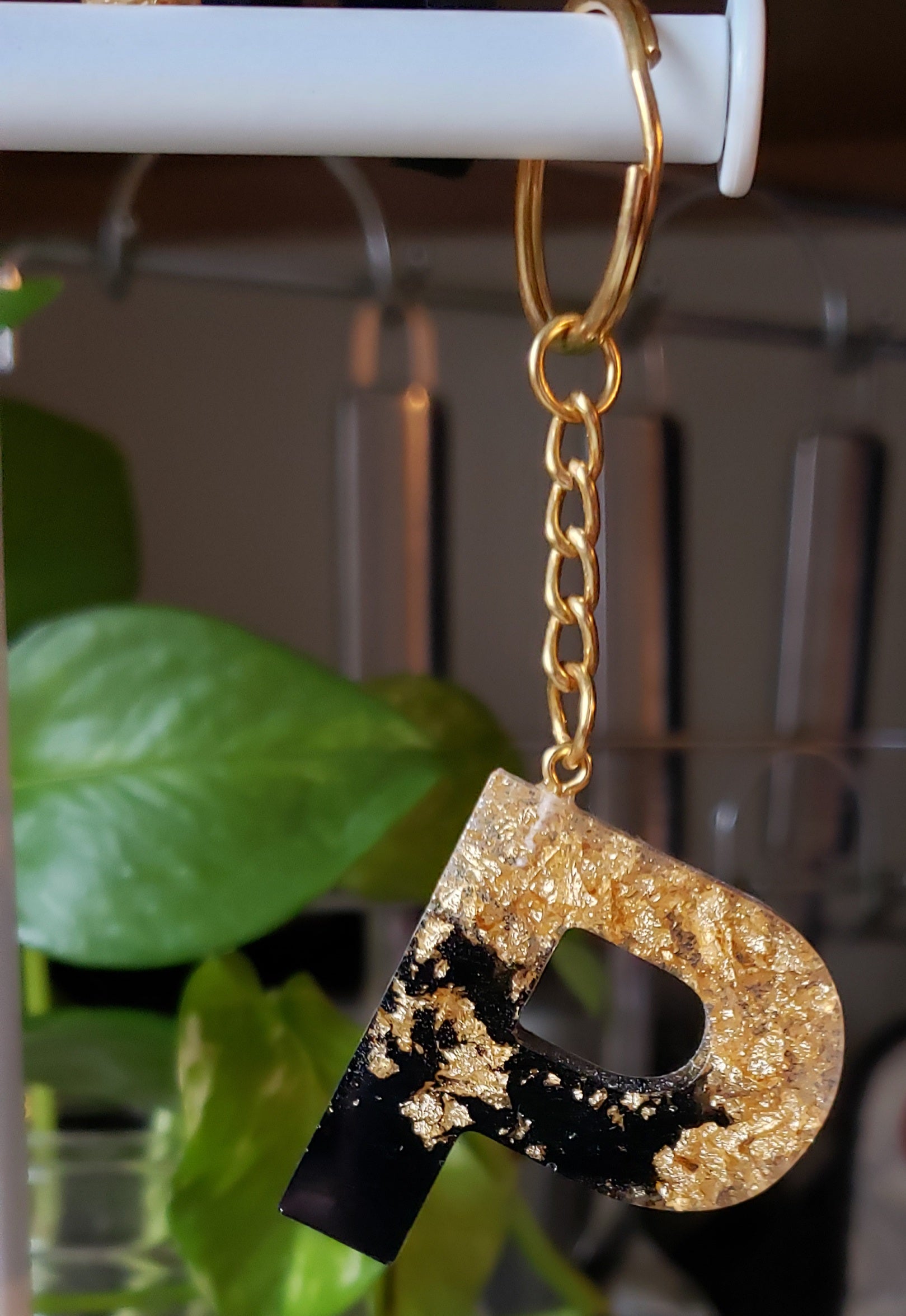 Initial Keychain black Gold Leaf Resin Letter Keychain handmade