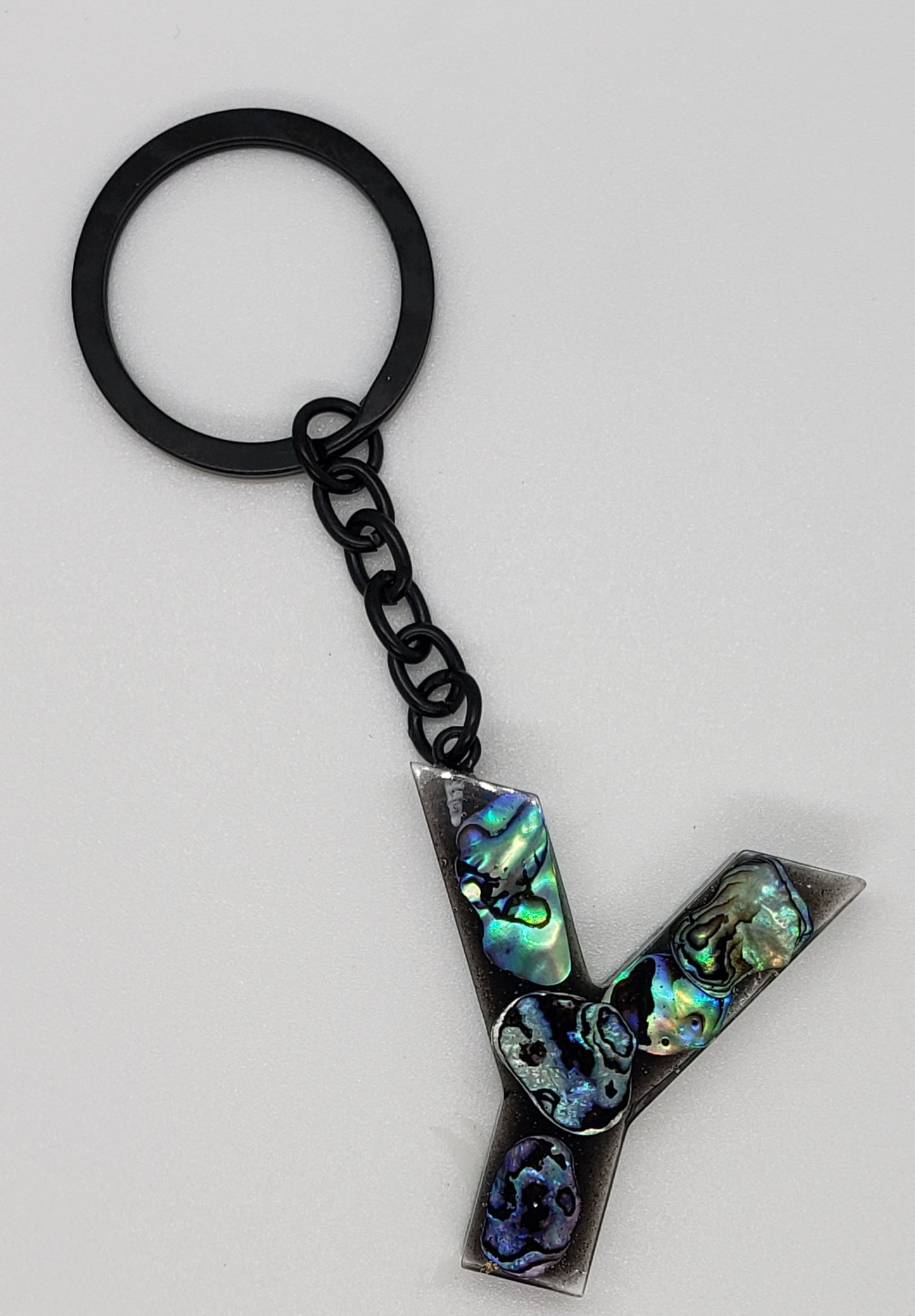 Abalone keychain custom letter initial resin keychain/ Real stones