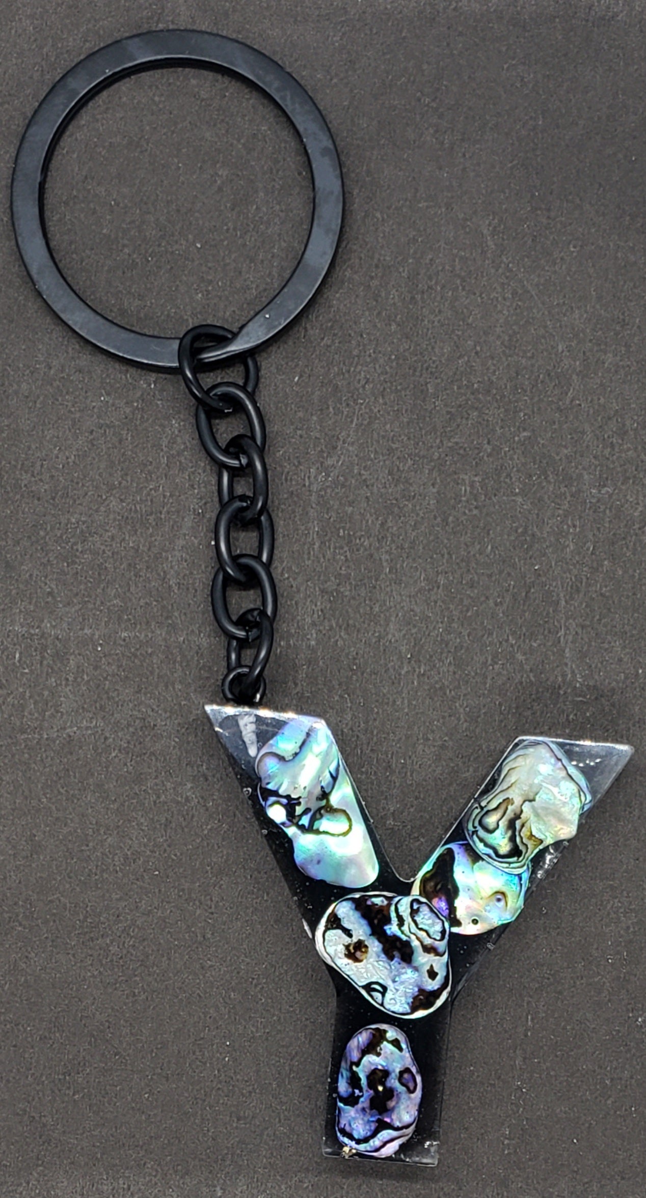 Abalone keychain custom letter initial resin keychain/ Real stones
