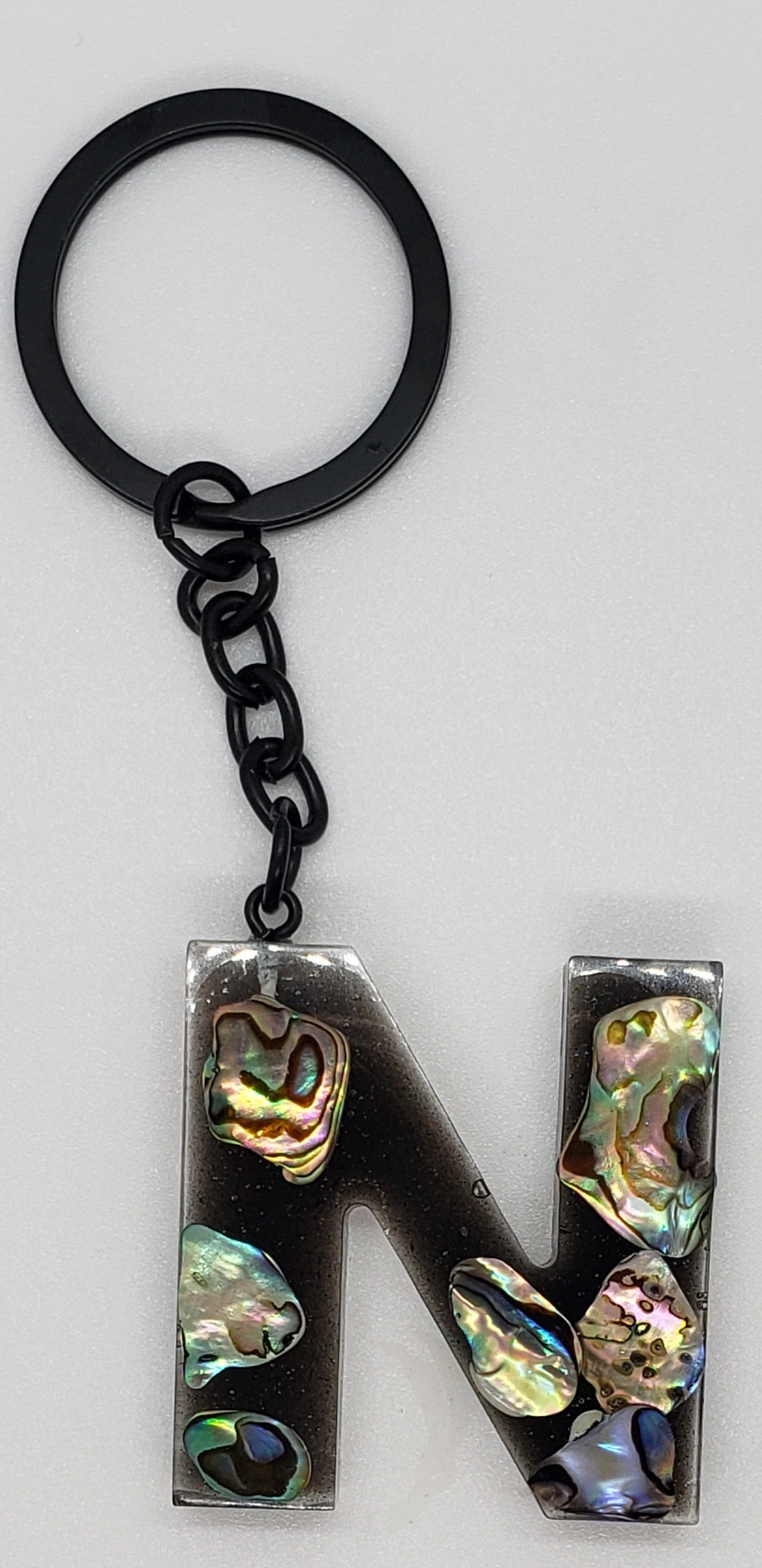 Abalone keychain custom letter initial resin keychain/ Real stones