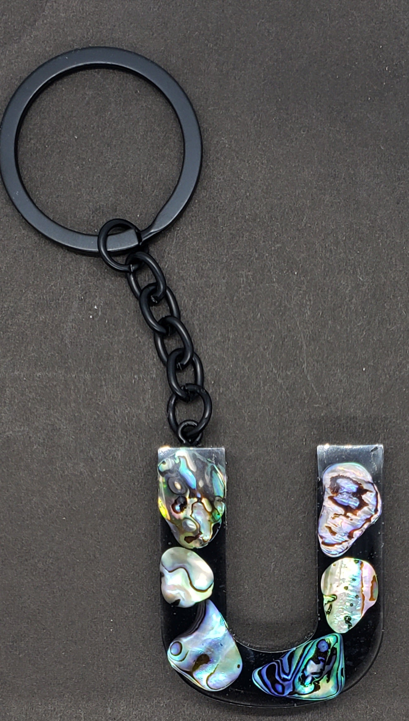 Abalone keychain custom letter initial resin keychain/ Real stones