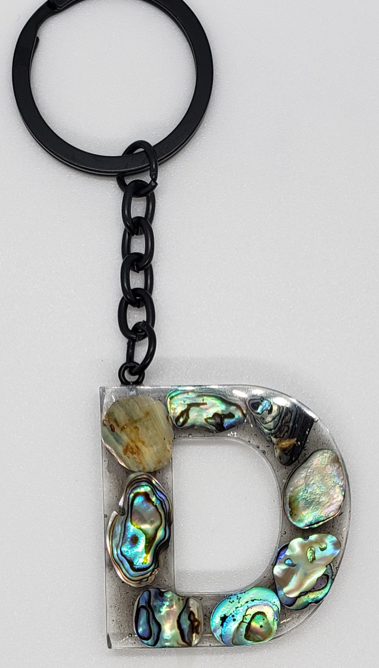 Abalone keychain custom letter initial resin keychain/ Real stones