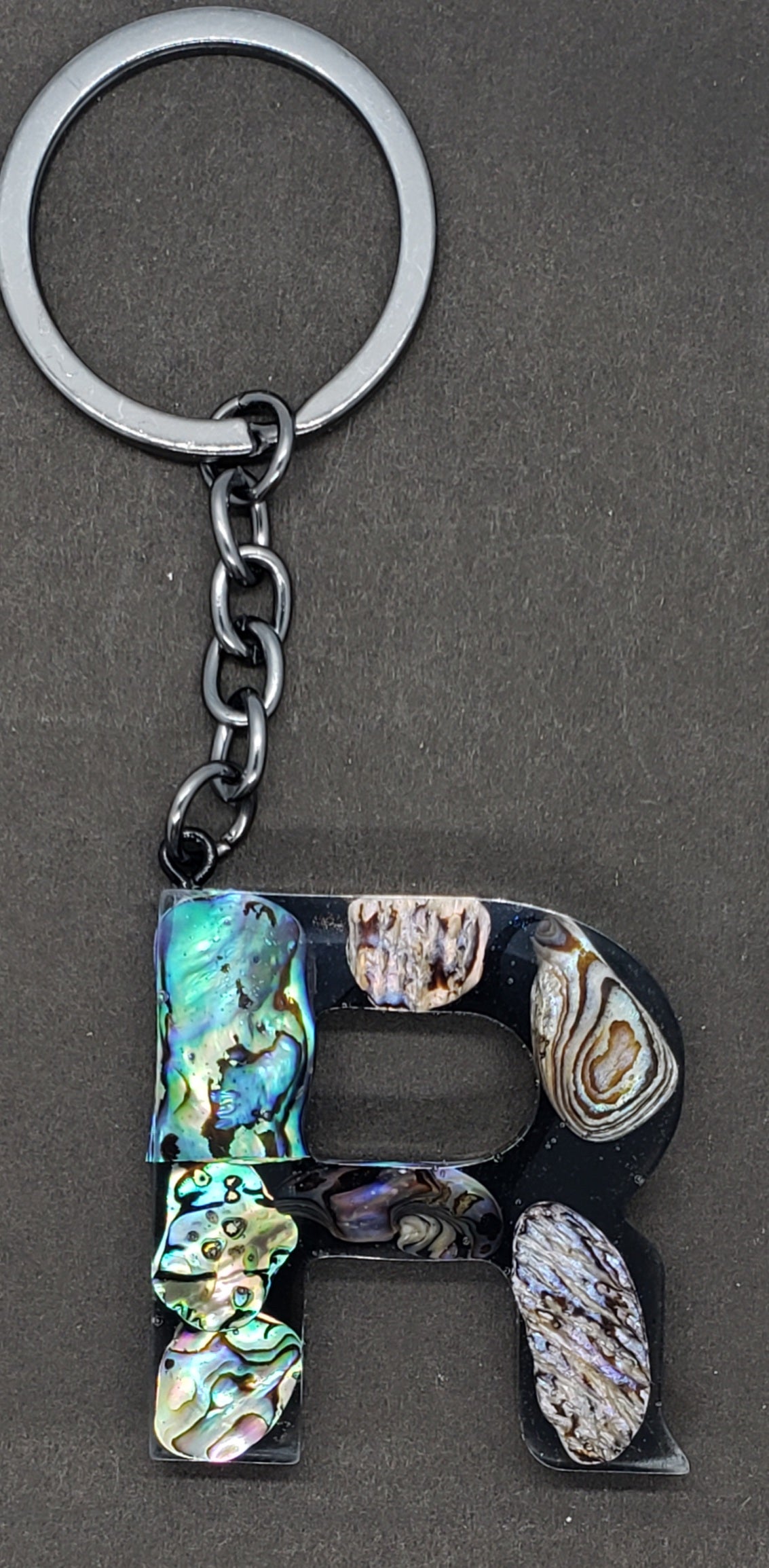 Abalone keychain custom letter initial resin keychain/ Real stones