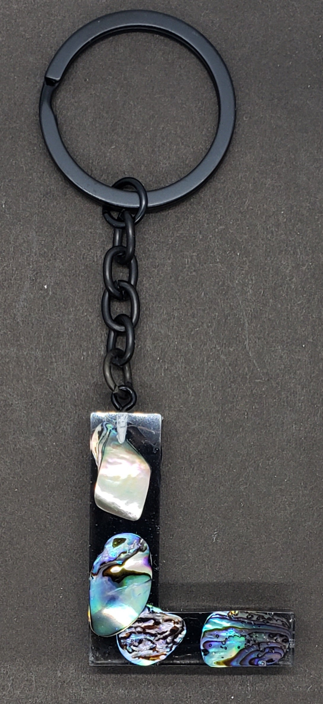 Abalone keychain custom letter initial resin keychain/ Real stones