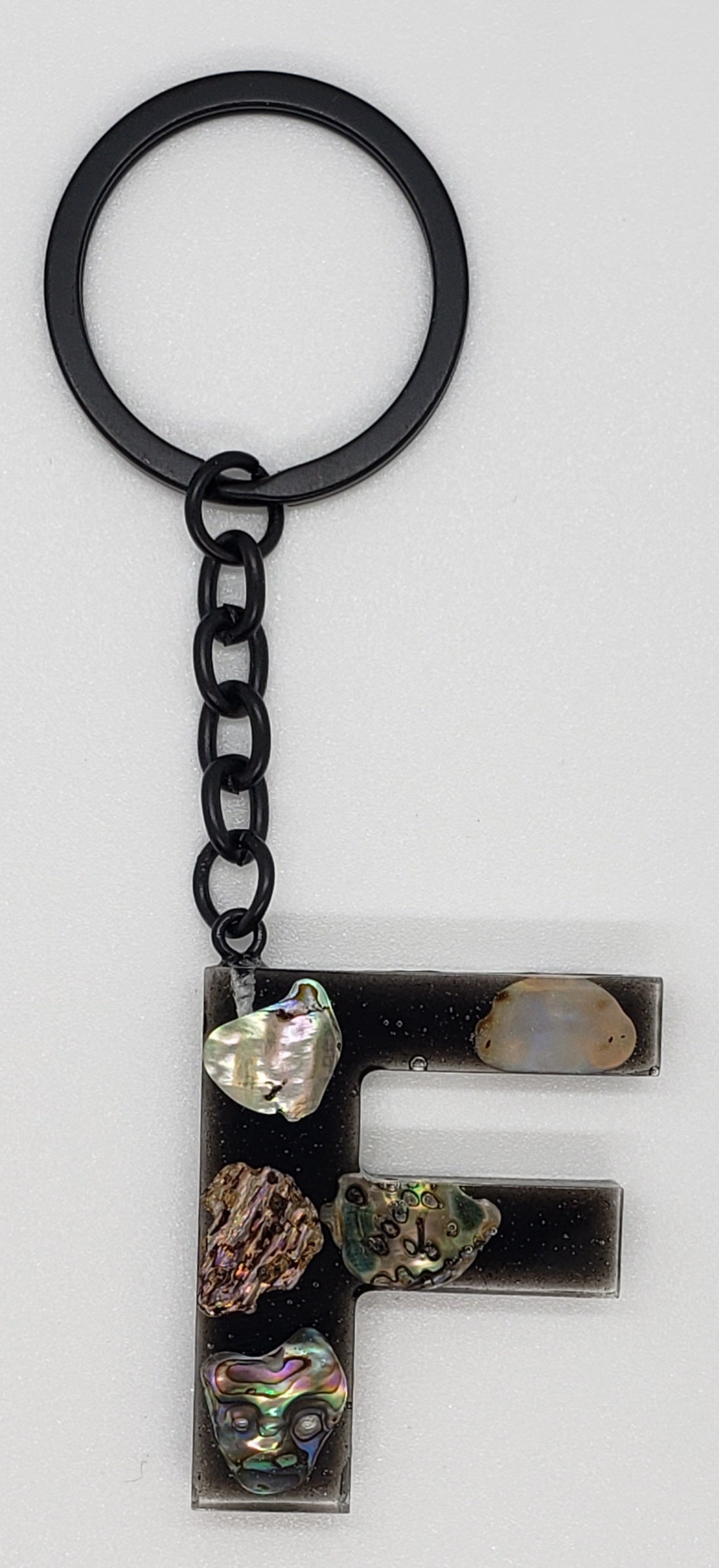 Abalone keychain custom letter initial resin keychain/ Real stones