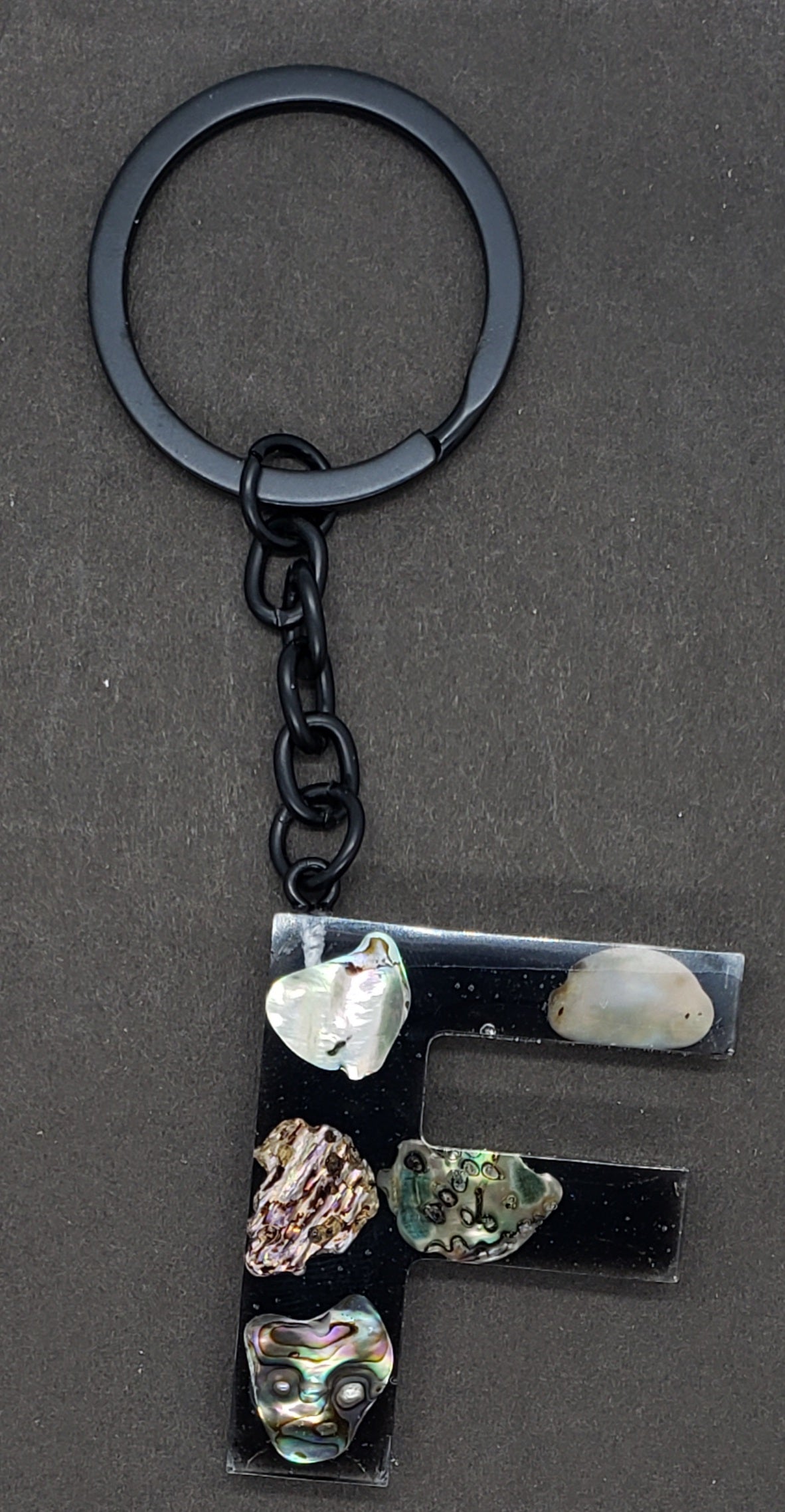 Abalone keychain custom letter initial resin keychain/ Real stones