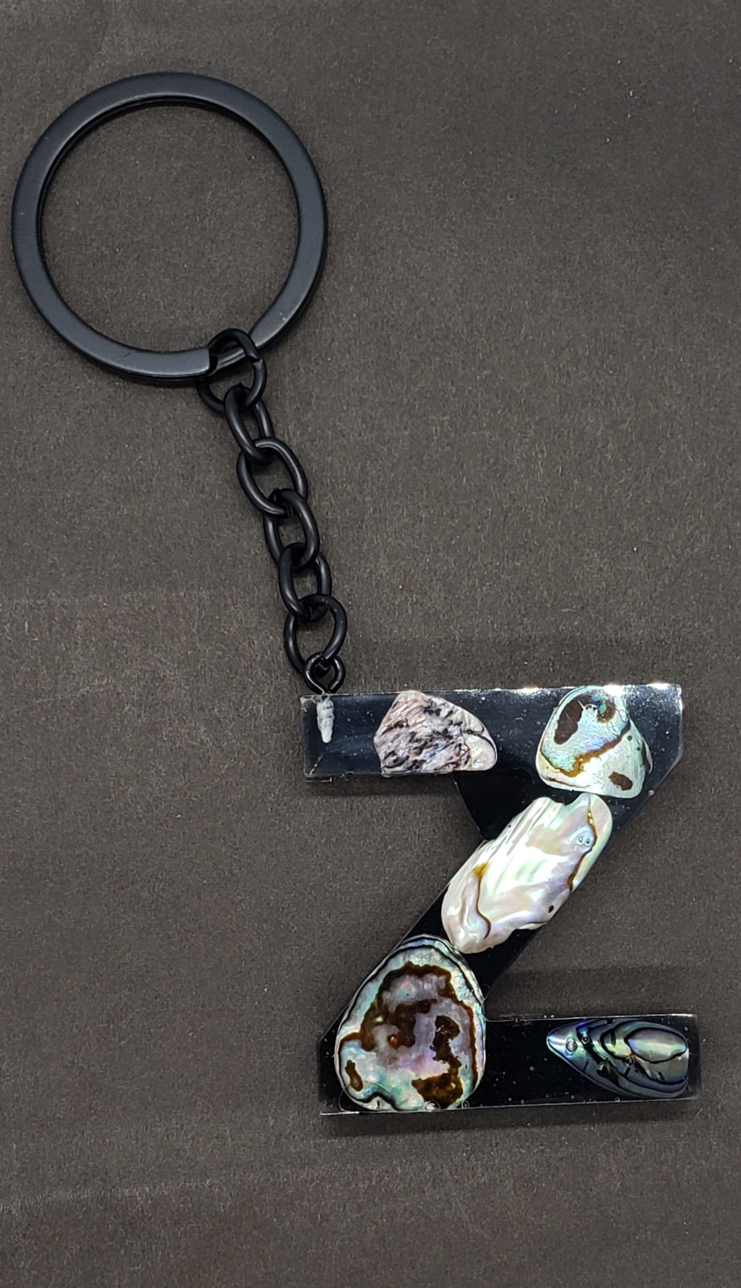 Abalone keychain custom letter initial resin keychain/ Real stones