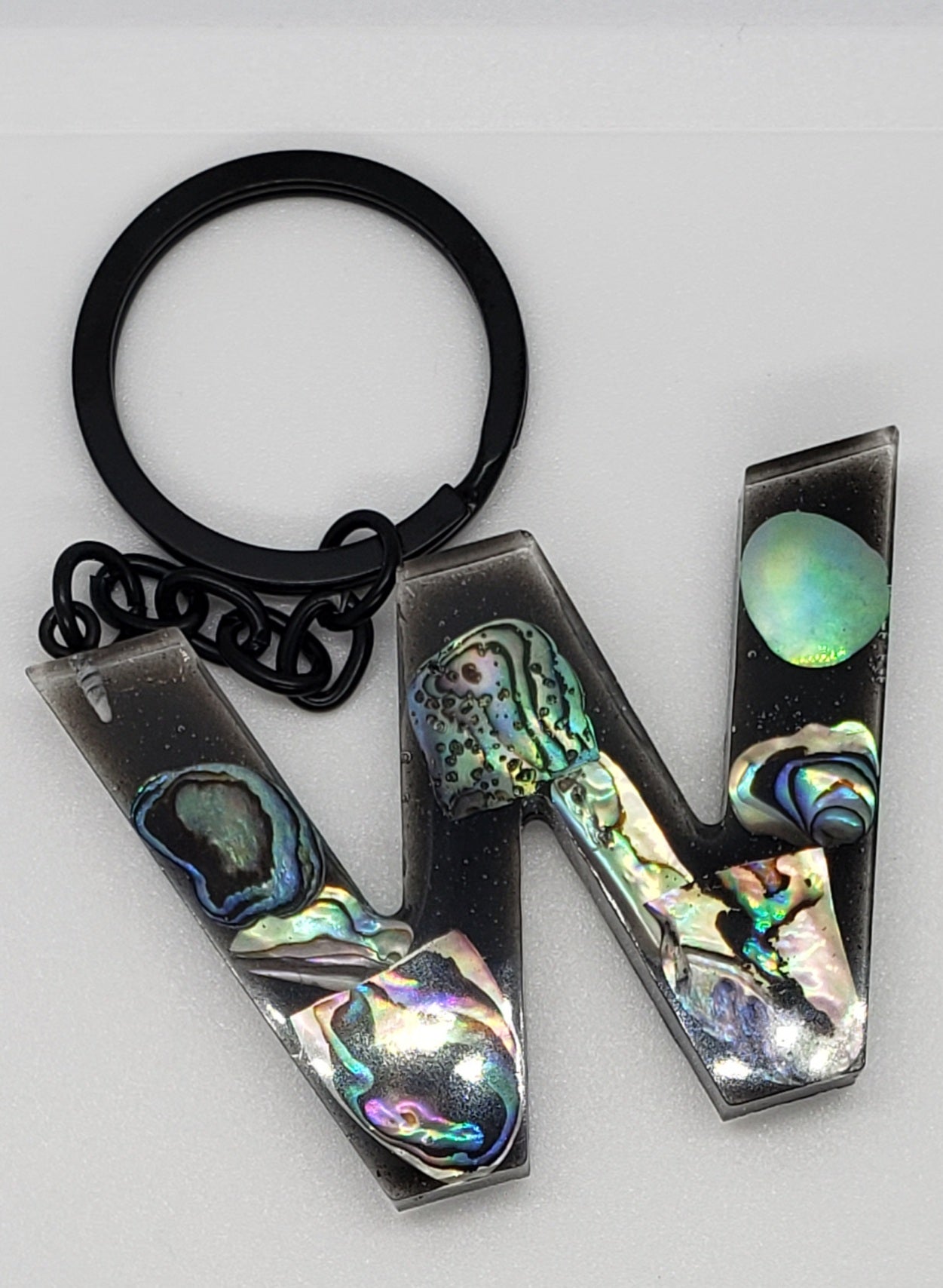 Abalone keychain custom letter initial resin keychain/ Real stones