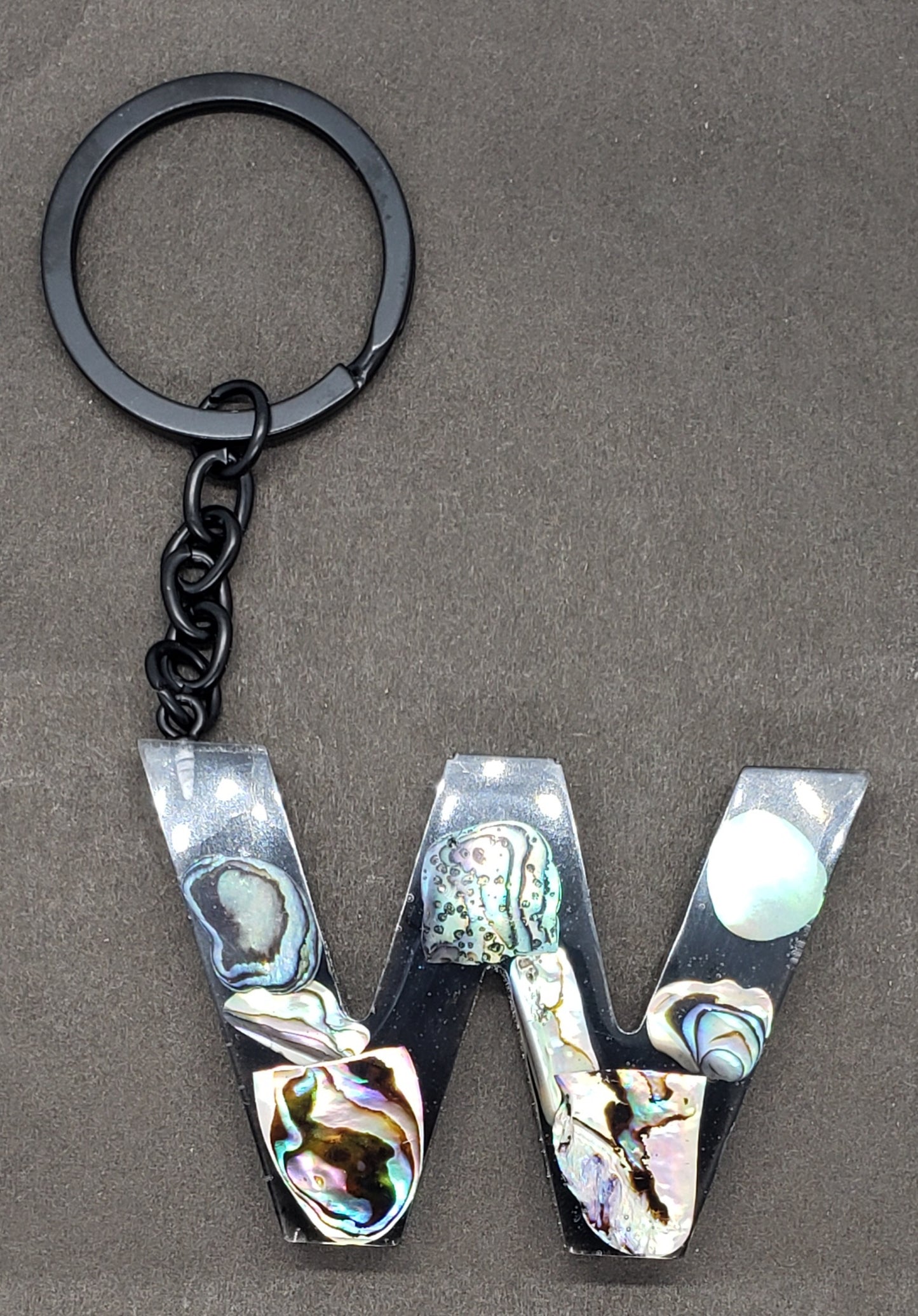 Abalone keychain custom letter initial resin keychain/ Real stones