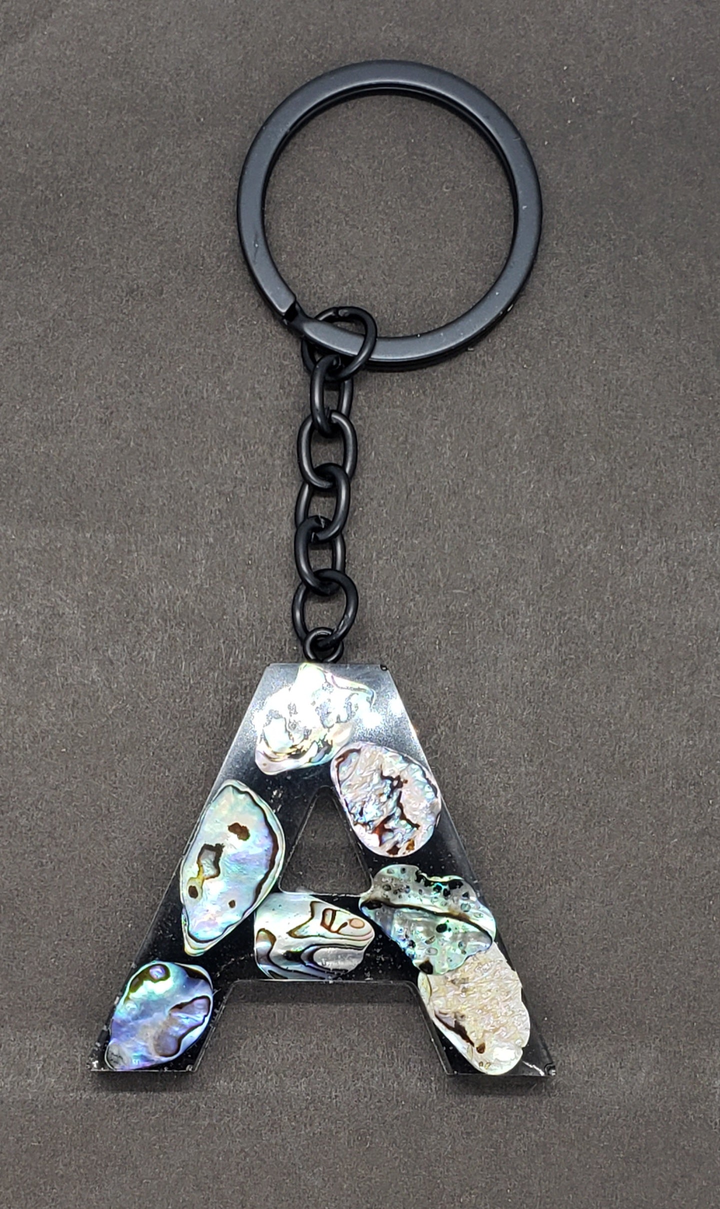 Abalone keychain custom letter initial resin keychain/ Real stones