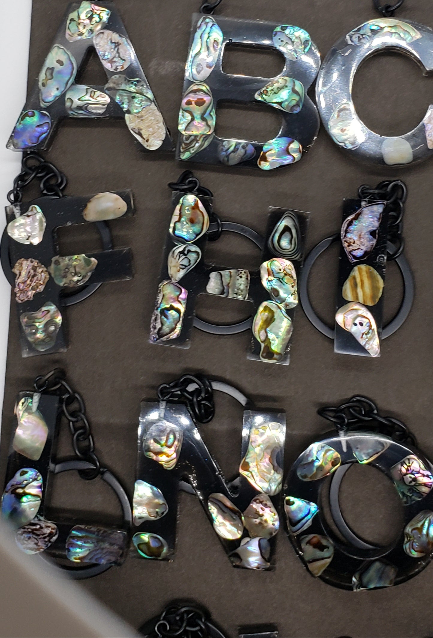 Abalone keychain custom letter initial resin keychain/ Real stones