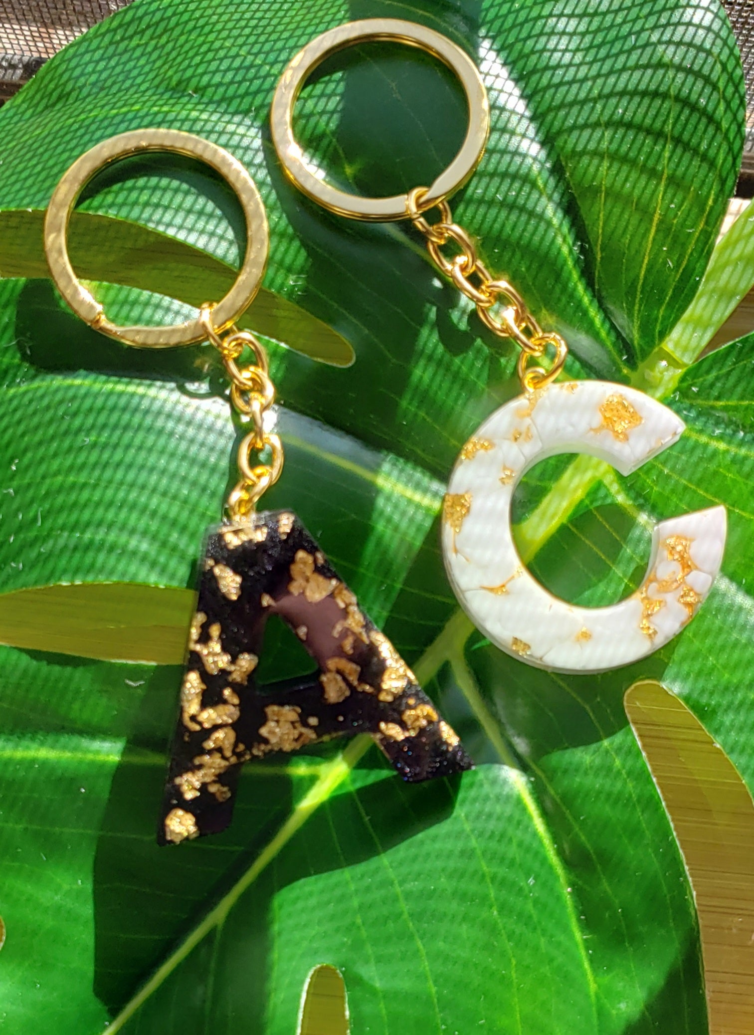 Custom Resin Initial Letter Keychains Gold Flakes Made to 